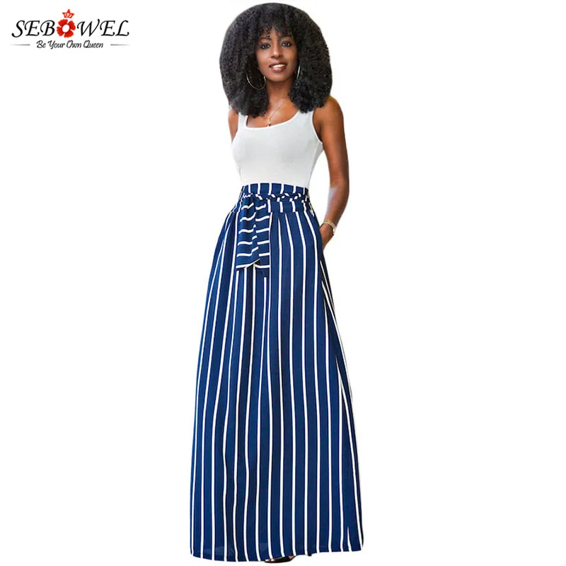 Image SEBOWEL 2017 Autumn Summer Women Long Skirt Chic Colorblock Striped Maxi Skirts Full length High Waist Tie Big Hem Vintage Skirt