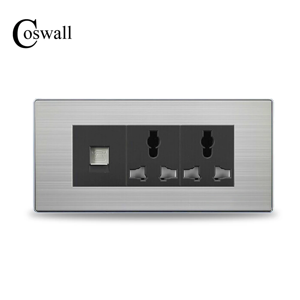 COSWALL Luxury Wall Double Socket Universal Power Outlet With Telephone Port Stainless Steel Brushed Silver Panel 154mm*72mm
COSWALL Luxury Wall Double Socket Universal Power Outlet With Telephone Port Stainless Steel Brushed Silver Panel 154mm*72mm
