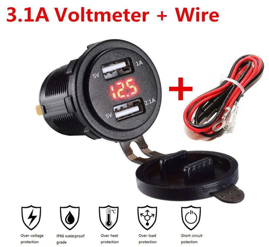 3 Colors Waterproof Dual USB Power Outlet 3.1A with Voltmeter & Wire In-line 10A Fuse for 12-24V Car Boat Marine Motorcycle
3 Colors Waterproof Dual USB Power Outlet 3.1A with Voltmeter & Wire In-line 10A Fuse for 12-24V Car Boat Marine Motorcycle