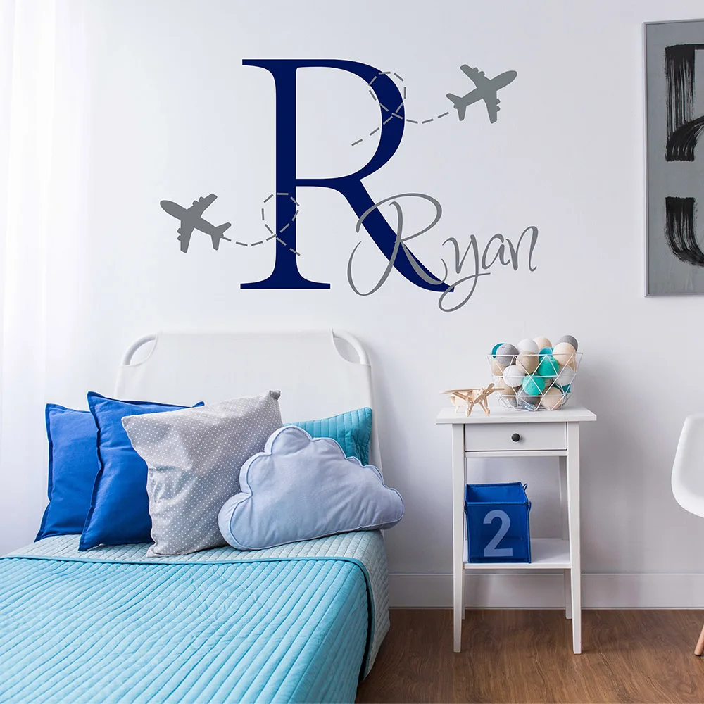 Image Airplane Wall Decal Airplane Boys Monogram Sticker Personalized  Boy Name Monogram Wall Sticker For Children Room 673C