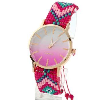 

Gnova Platinum Beach Women Watch Bicolor Big Dial Ethnic Fashion wristwatch Chaquira Golden Chain Braided Lace Reloj A841
