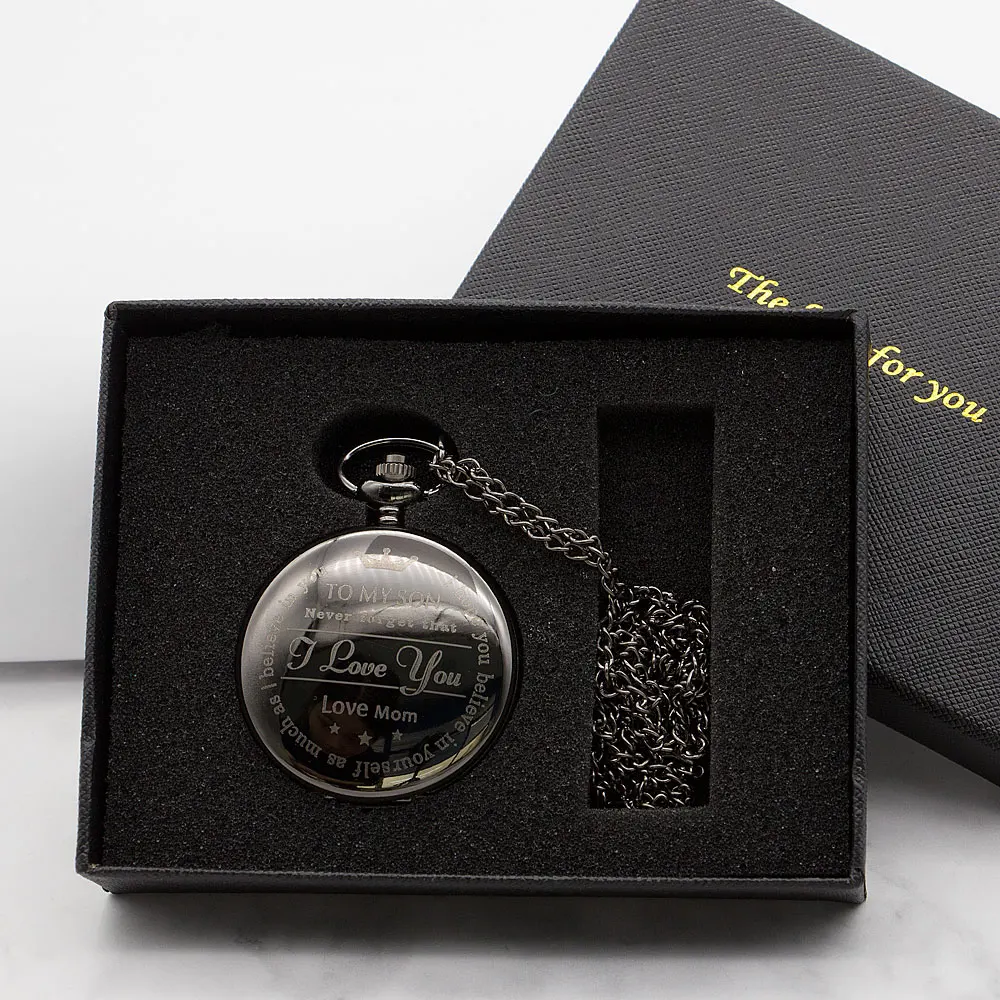 Vintage Customized To My Son Quartz Pocket Watch Vintage Roman Numeral Display Pendant Clock Birthday Gifts for Boys
Vintage Customized To My Son Quartz Pocket Watch Vintage Roman Numeral Display Pendant Clock Birthday Gifts for Boys