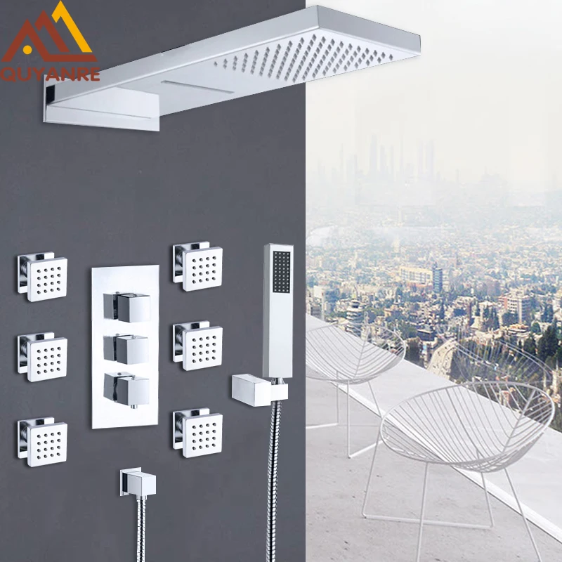 Quyanre Chrome Thermostatic Shower Faucets Set Rain Waterfall Shower 6pcs Spa Jets 4-way Thermostatic Mixer Tap Bath Shower Kit
Quyanre Chrome Thermostatic Shower Faucets Set Rain Waterfall Shower 6pcs Spa Jets 4-way Thermostatic Mixer Tap Bath Shower Kit