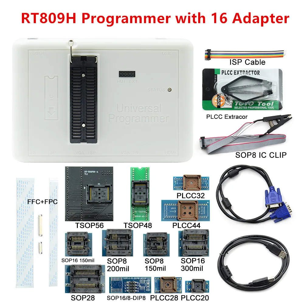 Sinstar Newest Software ORIGINAL RT809H +16 Adapters EMMC-Nand FLASH Extremely fast universal Programmer
Sinstar Newest Software ORIGINAL RT809H +16 Adapters EMMC-Nand FLASH Extremely fast universal Programmer