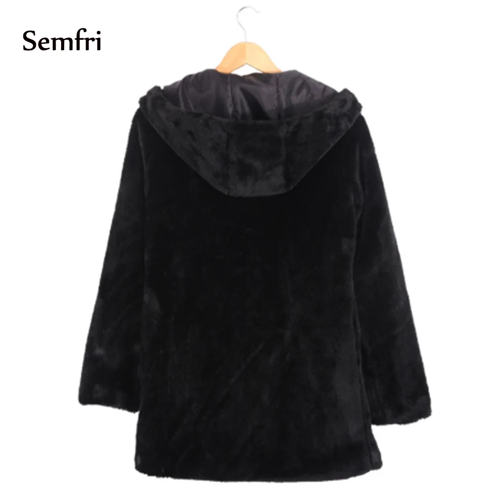 semfri Winter Autumn Women Hooded Faux Fur Coat Fashion Warm Long-sleeved Loose Black Female Flocking Cotton Jacket | Женская одежда