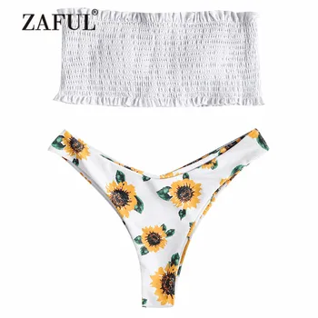 

ZAFUL Bandeau Smocked Bikini Sunflower Swimwear Women High Cut Swimsuit Sexy Strapless Padded Thong Bikini Bathing Suit Biquni