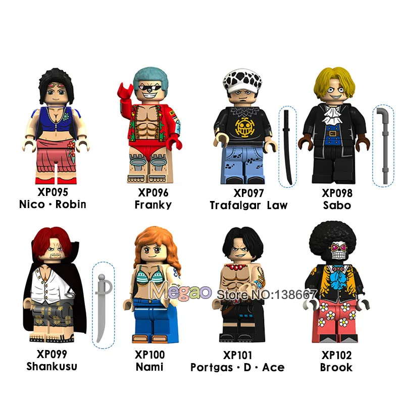 8PCS/LOT One Piece Anime Action Figure Robin Shanks Nami Ace Brook Franky Sabo Luffy Legoings Building Blocks Toys for Children
8PCS/LOT One Piece Anime Action Figure Robin Shanks Nami Ace Brook Franky Sabo Luffy Legoings Building Blocks Toys for Children