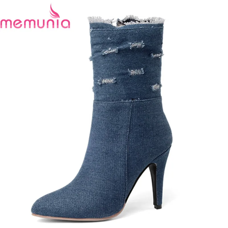 MEMUNIA new arrival 2018 fashion boots denim slip on 10cm high heels boots pointed toe unique winter ankle boots for women 
MEMUNIA new arrival 2018 fashion boots denim slip on 10cm high heels boots pointed toe unique winter ankle boots for women