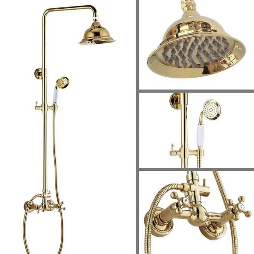 Two Cross Handles 6.3'' Bath Rain Shower System with the Shower Head & Hand shower Set Faucet Mixer Tap Gold Color Brass agf336
Two Cross Handles 6.3'' Bath Rain Shower System with the Shower Head & Hand shower Set Faucet Mixer Tap Gold Color Brass agf336