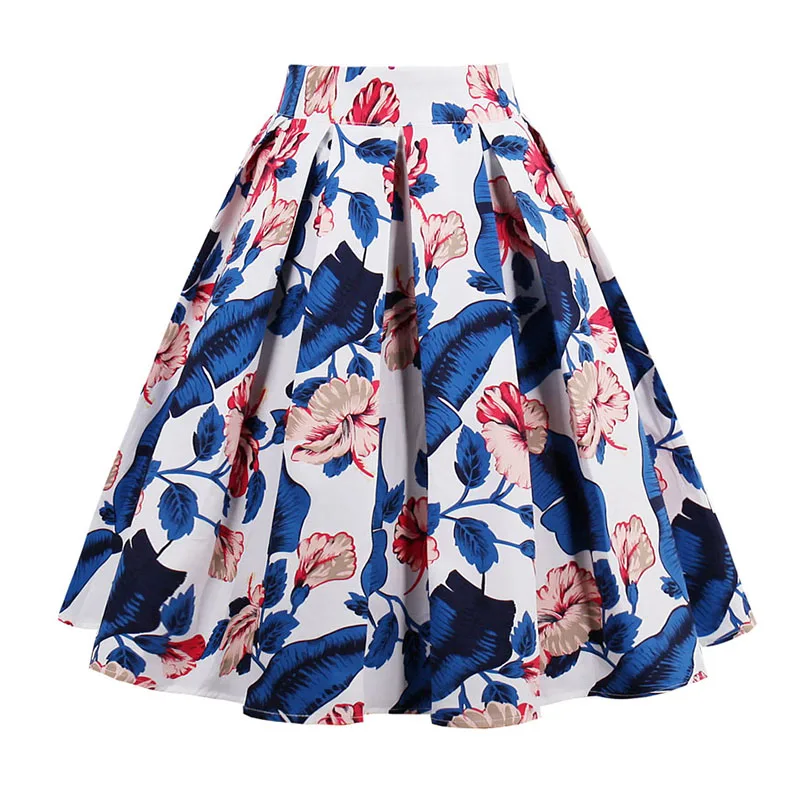 Kostlish Retro Print Flower Summer Skirts Womens 2017 High Waist Vintage Skirt Elegant A-Line Midi Women Skirt Plus Size XXL 22 (79)