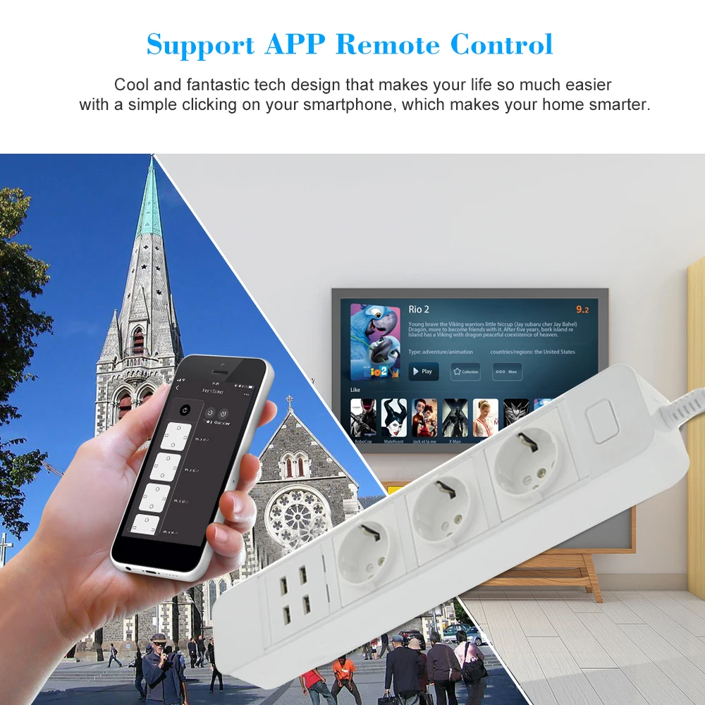 WiFi Smart Power Strip EU Surge Protector with 3 Socket 4 USB Port Smart Home Control Switch Compatible Alexa Google Assistant 
WiFi Smart Power Strip EU Surge Protector with 3 Socket 4 USB Port Smart Home Control Switch Compatible Alexa Google Assistant