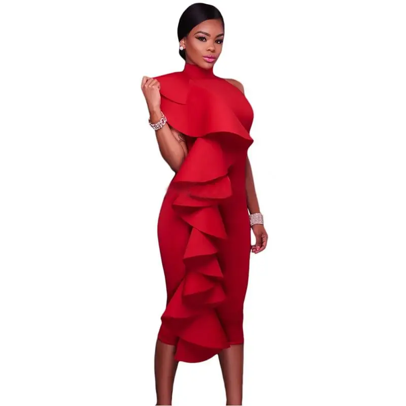 SEBOWEL 2017 Women Big Ruffles Midi Elegant Dress Sexy Open Back Bodycon Party Dress High Neck Vintage Pencil Dress (8)
