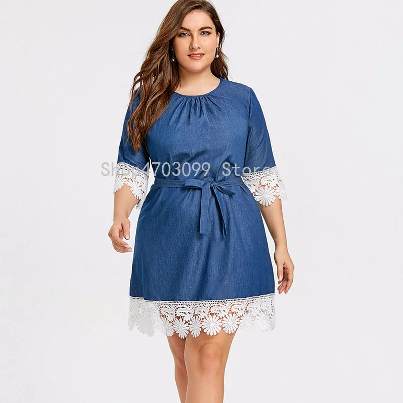 2019 European Female Lace Stitching Denim Sundress Women Plus Size Belts Casual Jeans Dress for Fat mm Clothing
2019 European Female Lace Stitching Denim Sundress Women Plus Size Belts Casual Jeans Dress for Fat mm Clothing