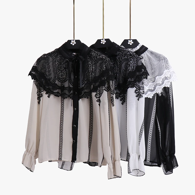 2018 spring new female chiffon blouses women's stand collar flare sleeve Stitching lace bow shirts women solid color shirt
2018 spring new female chiffon blouses women's stand collar flare sleeve Stitching lace bow shirts women solid color shirt