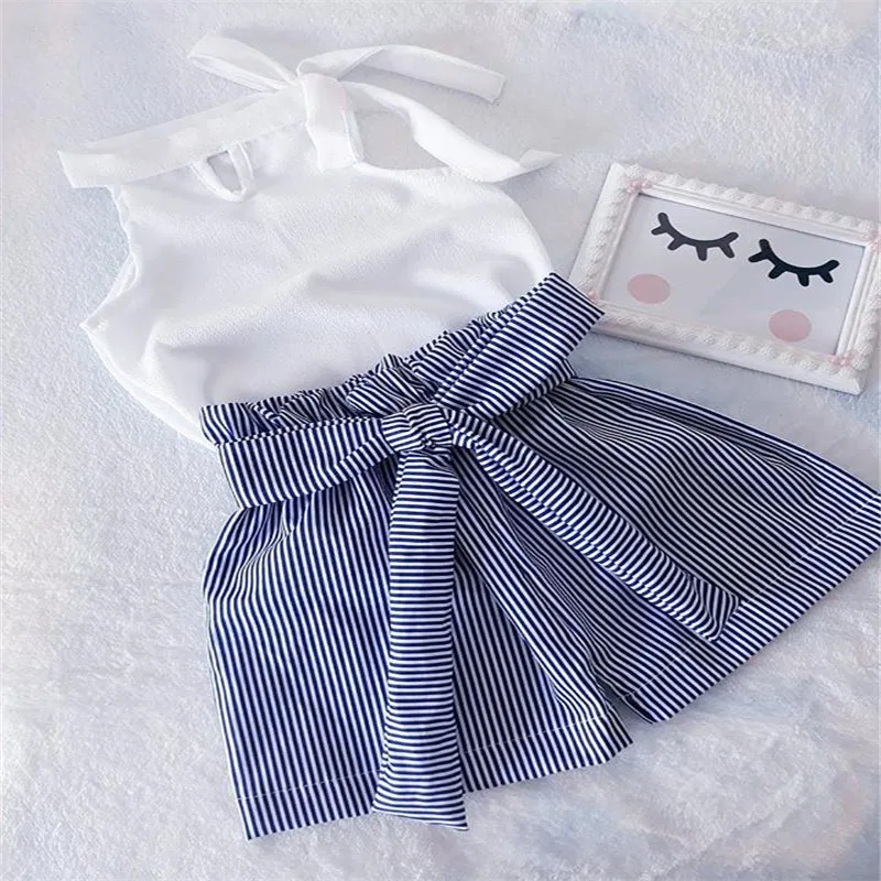 2019 New Toddler Kids Baby Girls sleeveless Halter White Tops and Striped Shorts Pants 2Pcs Sets Clothes
2019 New Toddler Kids Baby Girls sleeveless Halter White Tops and Striped Shorts Pants 2Pcs Sets Clothes