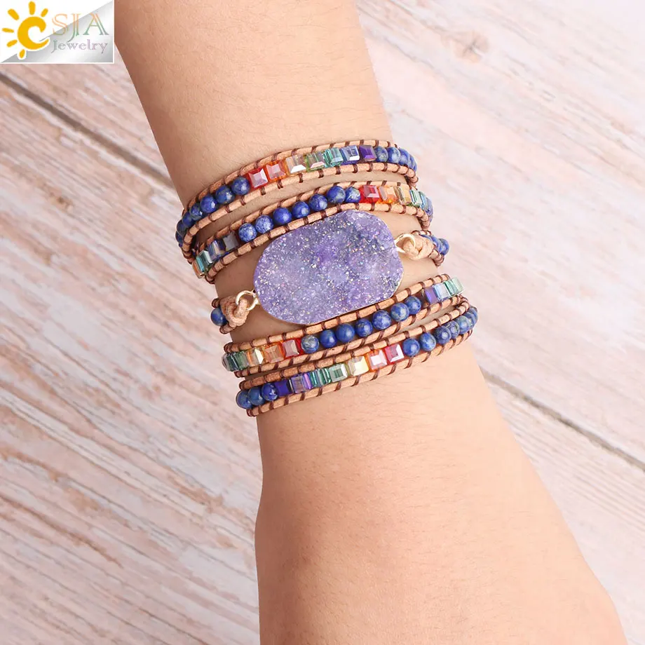 CSJA Natural Stone Multilayer Wrap Leather Girl Bracelets Bangles Purple Druzy Quartz Colorful Beads Boho Handmade Bracelet S425
CSJA Natural Stone Multilayer Wrap Leather Girl Bracelets Bangles Purple Druzy Quartz Colorful Beads Boho Handmade Bracelet S425