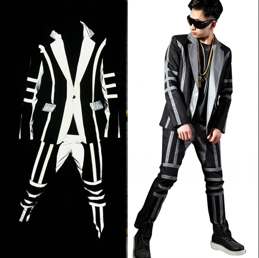 Mens Slim Fit Blazer Reflective Stripe Splice Suit Sets Male Nightclub Fashion Hip Hop Singer Dancer Stage Wear Costumes New
Mens Slim Fit Blazer Reflective Stripe Splice Suit Sets Male Nightclub Fashion Hip Hop Singer Dancer Stage Wear Costumes New