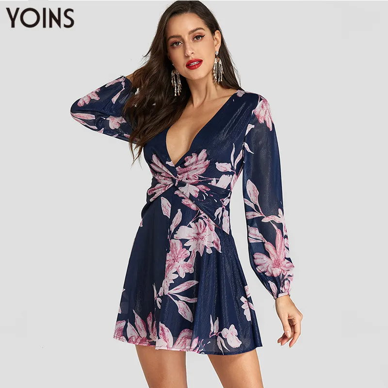 

YOINS 2019 Summer Autumn Women Dress Vintage Elastic Long Sleeve Random Floral Print Mini Dresses Sexy V Neck Party Vestidos