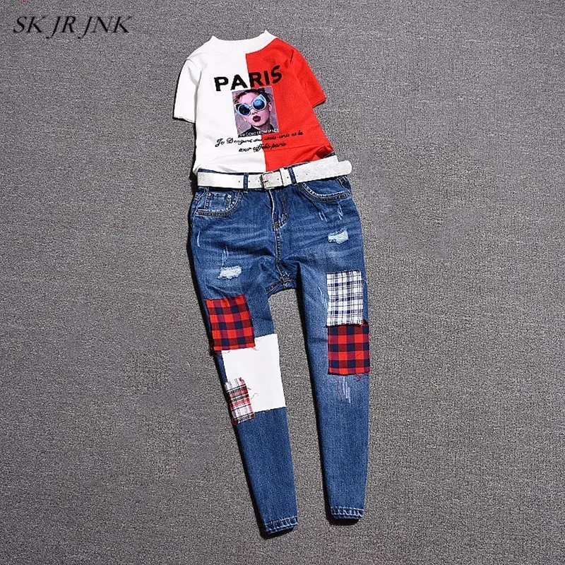 Summer Women's Sets Casual Cotton Patchwork Knitted T-shirts Denim Ripped Hole Jeans Pants Tracksuit 2 Pieces Outfits SR326
Summer Women's Sets Casual Cotton Patchwork Knitted T-shirts Denim Ripped Hole Jeans Pants Tracksuit 2 Pieces Outfits SR326