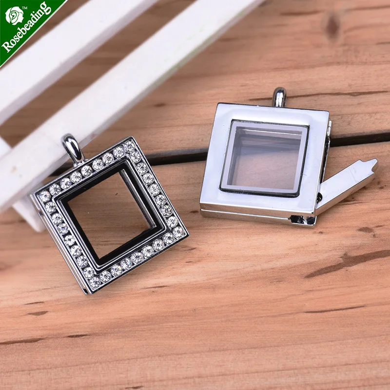 5pcs 24.5x31.5mm Imitation Rhodium Plated square Charm/Floating Locket with rhinestone glass locket memory | Украшения и