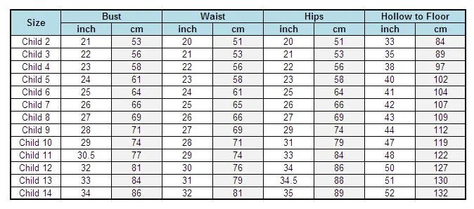 little girl dress size measurement