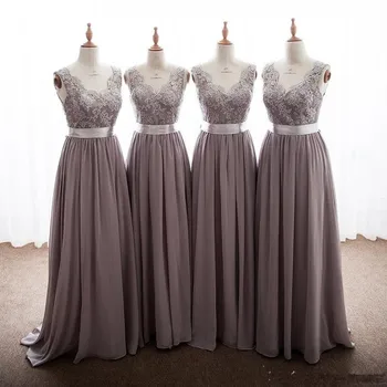 Elegant Gray Bridesmaid Dresses V Neck Appliques Lace Floor Length Backless Long Bridesmaid Gowns With Ribbon Bow Party Dresses
Elegant Gray Bridesmaid Dresses V Neck Appliques Lace Floor Length Backless Long Bridesmaid Gowns With Ribbon Bow Party Dresses