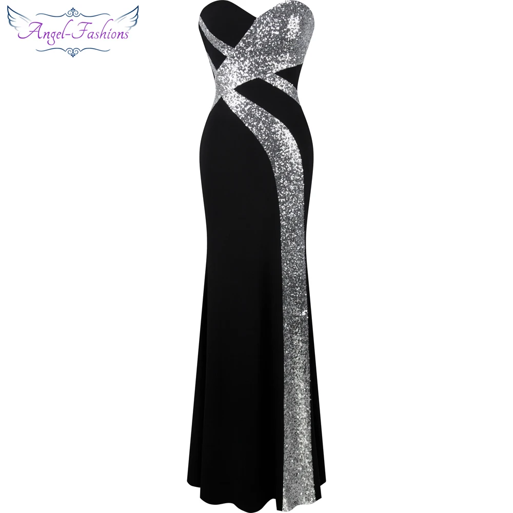 Женское длинное вечернее платье Angel fashions черное или белое без бретелек Модель