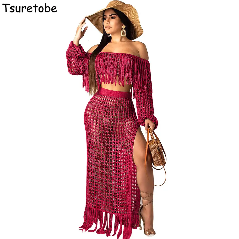 Tsuretobe Sexy Knitted Beach Two Piece Set Women Short Tassel Tops + Fashion Skirts Female Off Shoulder Tassel 2 Piece Set Slim
Tsuretobe Sexy Knitted Beach Two Piece Set Women Short Tassel Tops + Fashion Skirts Female Off Shoulder Tassel 2 Piece Set Slim