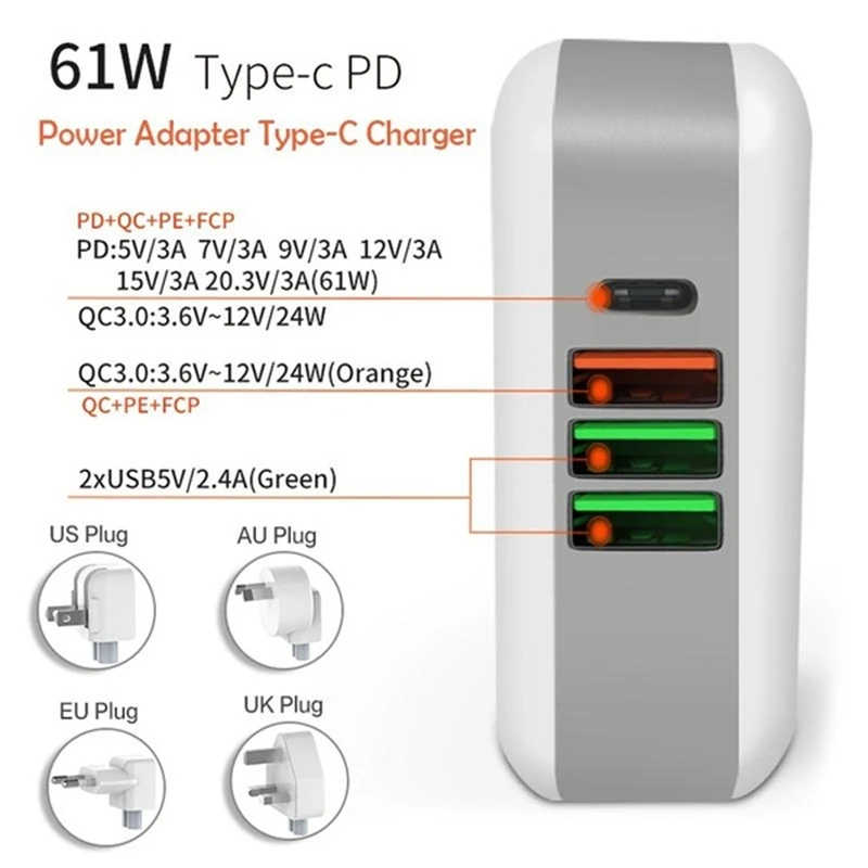 61W PD Multiport Type-C Charger AC/DC Power Adapter QC3.0 Quick Charge Type-C Laptop Adapter For iPad iPhone MacBook Pro
61W PD Multiport Type-C Charger AC/DC Power Adapter QC3.0 Quick Charge Type-C Laptop Adapter For iPad iPhone MacBook Pro