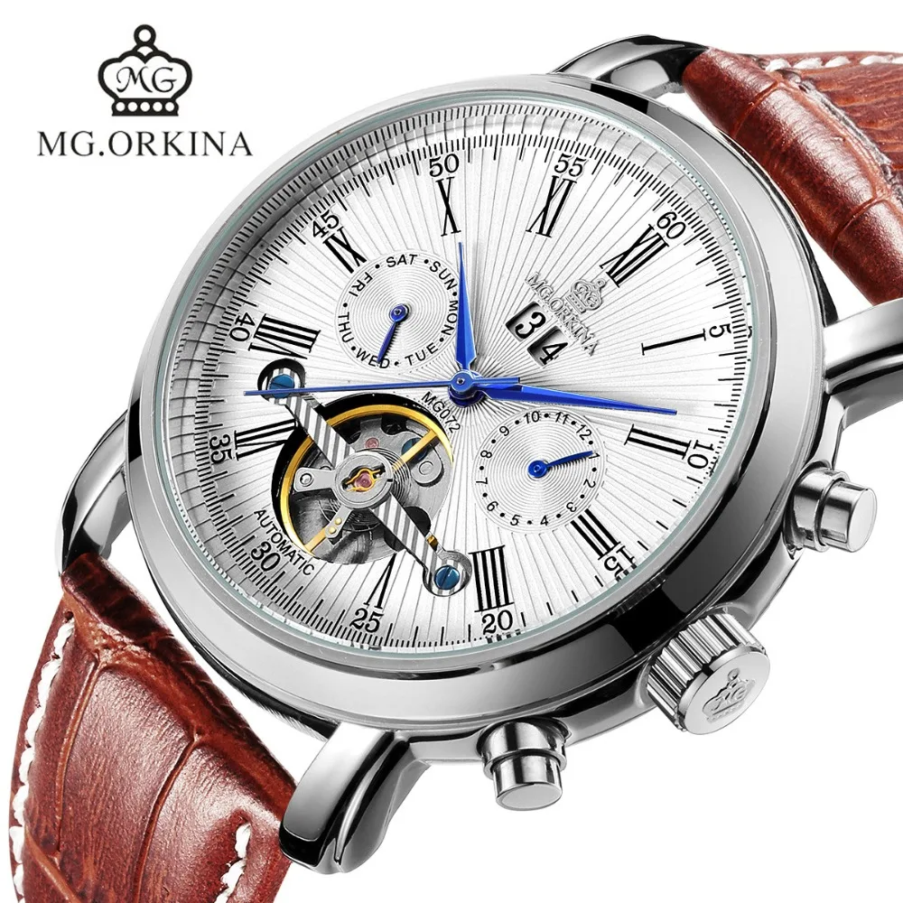 silver white brown automatic watch men