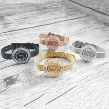 4 Pieces Copper mirco pave cz zircon letter S Pendants,Chic circle charms big initials Strap bracelet jewelry For women BG208