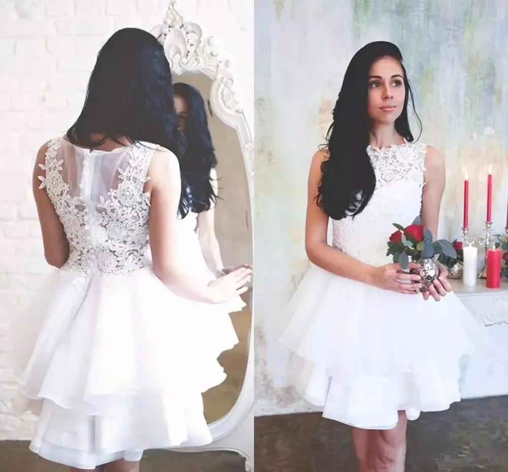 White Short Jewel Neck Lace Appliques wedding Dresses Flowers Beaded Illusion Button Tiered wedding gown Vestido De Nova
White Short Jewel Neck Lace Appliques wedding Dresses Flowers Beaded Illusion Button Tiered wedding gown Vestido De Nova