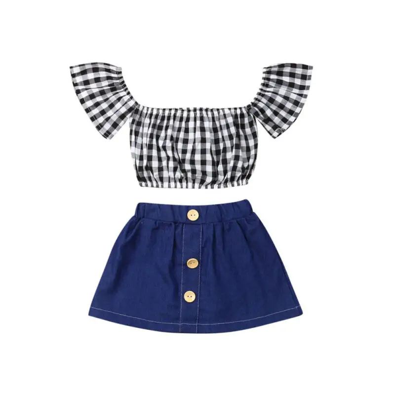 Summer Short Sleeve Red Black Plaid Vest Tops Denim Buttons Skirt Outfits Clothing 2PCS 2019 Toddler Kids Baby Girl Clothes Set
Summer Short Sleeve Red Black Plaid Vest Tops Denim Buttons Skirt Outfits Clothing 2PCS 2019 Toddler Kids Baby Girl Clothes Set