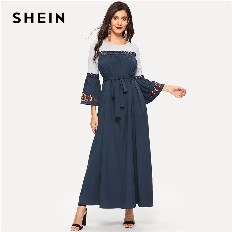 SHEIN Abaya Navy Floral Flare Sleeve Lace Applique Belted Maxi Dress Women Spring 2019 Color-block Ruffle Straight Dresses
SHEIN Abaya Navy Floral Flare Sleeve Lace Applique Belted Maxi Dress Women Spring 2019 Color-block Ruffle Straight Dresses