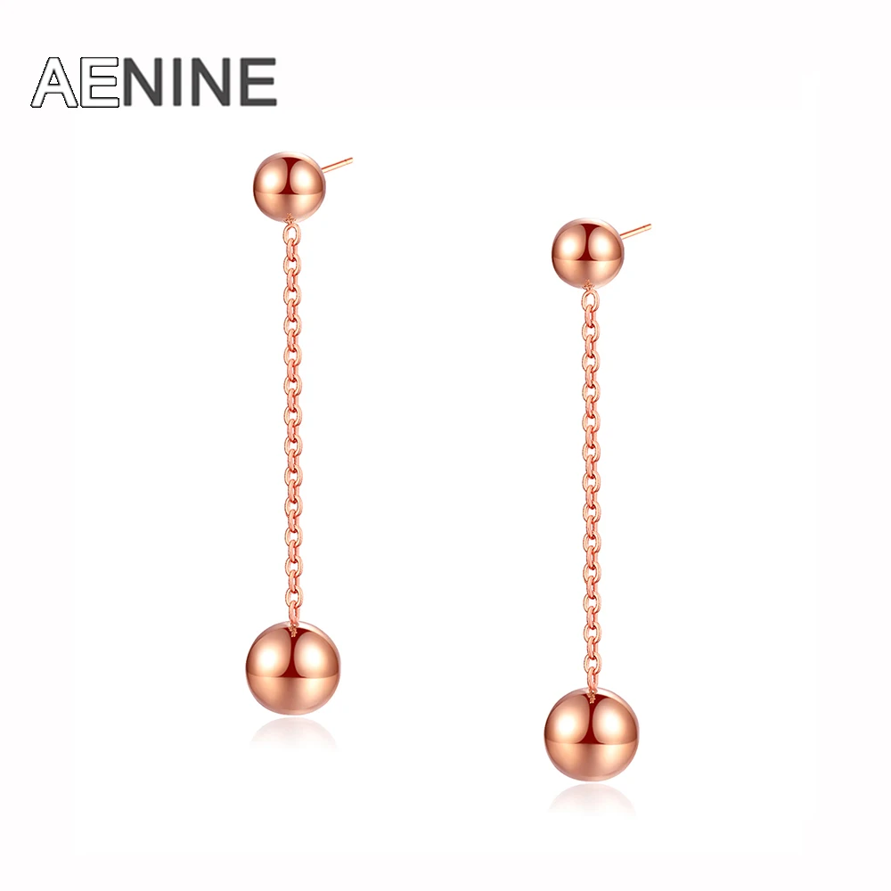 

AENINE Cute Ball Geometric Long Ear Line Dangle Earrings Jewelry Titanium Steel Rose Gold Color Tassel Earrings For Women OGE332