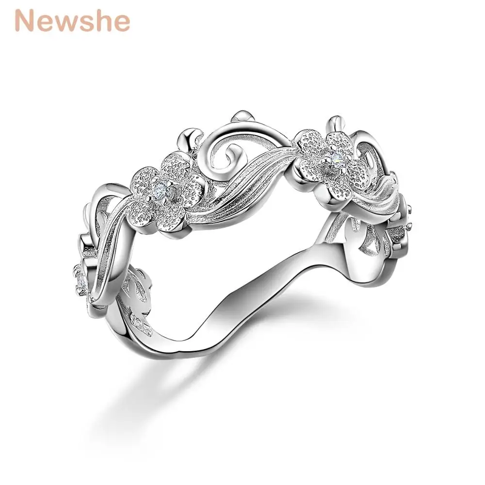 Newshe Solid 925 Sterling Silver Flower Wedding Ring For Women Vintage Jewelry Brilliant Round Cut AAAAA CZ | Украшения и