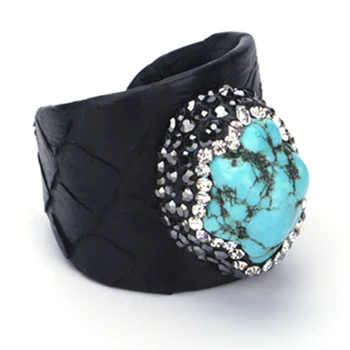 Daily Jewelry Blue Howlite Turquoises Bead Pave Rhinestone Charms Black Real Snake Leather Adjustable Open Ring Cuff Women Man
Daily Jewelry Blue Howlite Turquoises Bead Pave Rhinestone Charms Black Real Snake Leather Adjustable Open Ring Cuff Women Man