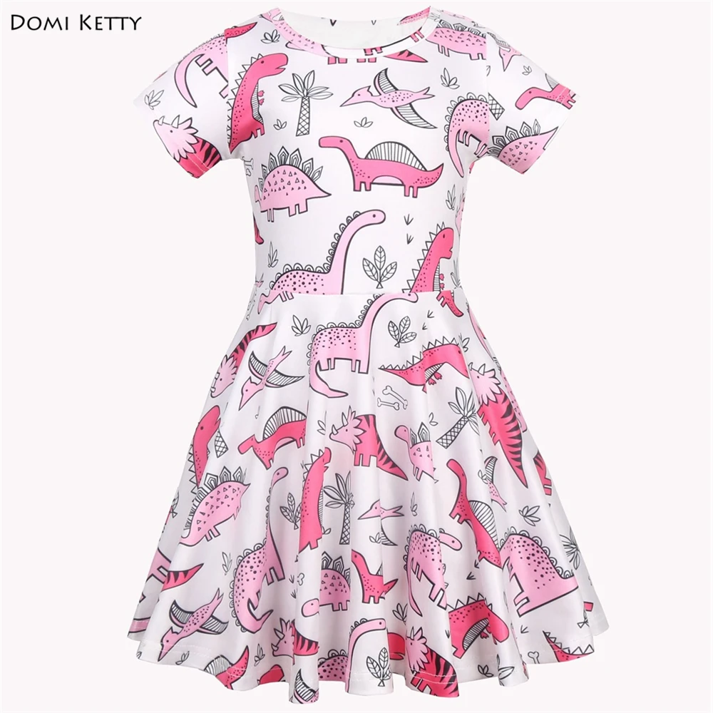 Domi Ketty girls dress print dinosaur pink summer children cartoon dresses baby girl princess birthday for party costume | Детская