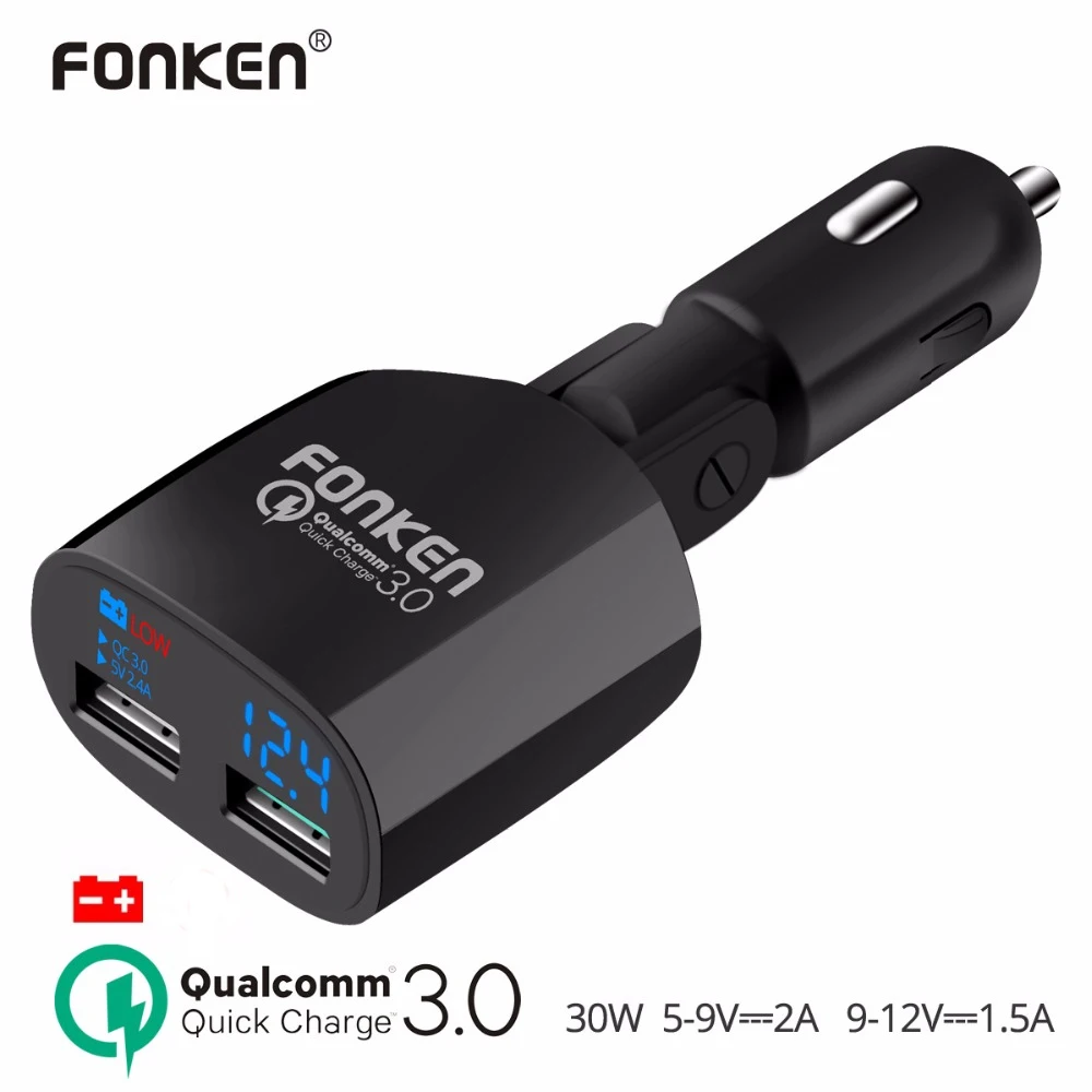 Image FONKEN Car Charger Quick Charge 3.0 Car Charger Portable Dual USB Phone Quick Charger 30W Digital Display Low Voltage Alarm