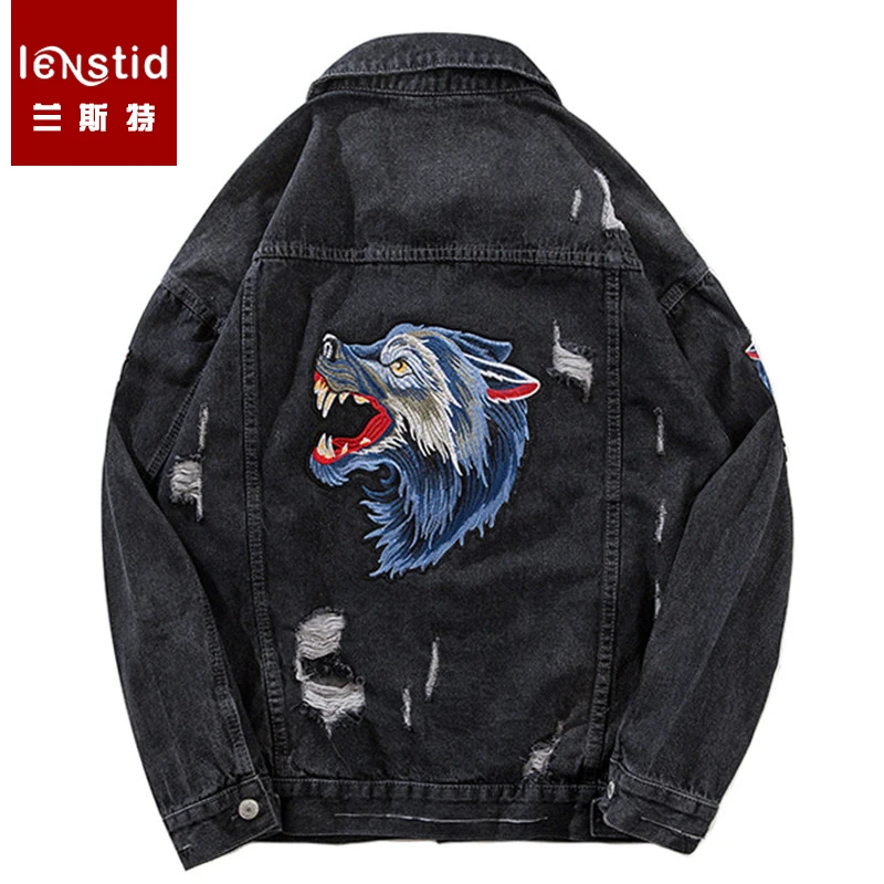 Волк джинсовая куртка с вышивкой уличная мужская хип хоп куртка-бомбер рваные