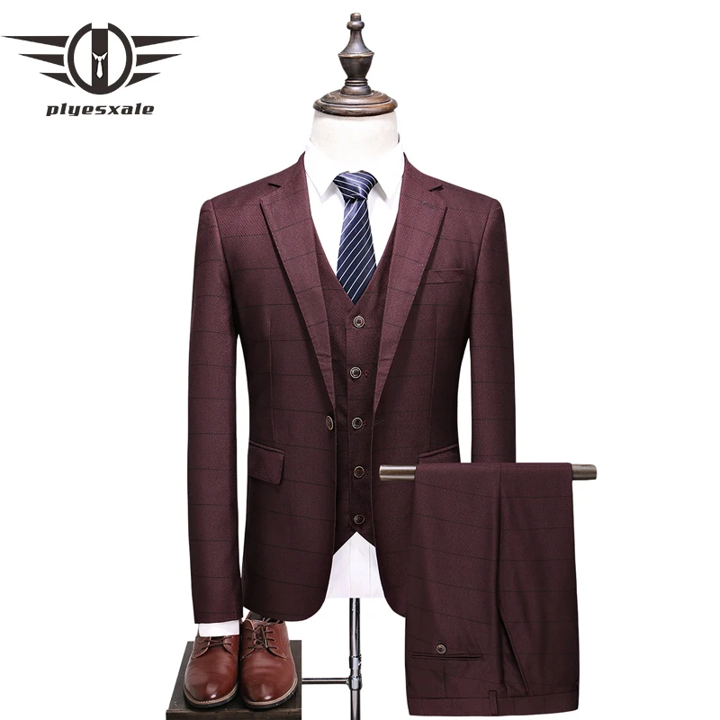 Plyesxale горизонтальный полосатый костюм для мужчин 2018 Slim Fit Мужские свадебные