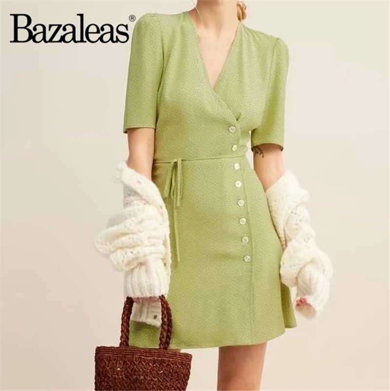 

Bazaleas Green Mini Anise dots women vestido V Neck Fashion fastening tie side women dress Vintage wrap dress Casual