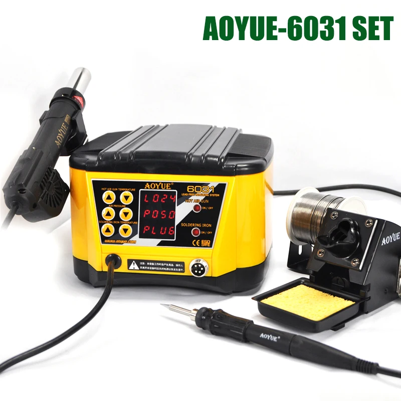 AOYUE 6031 Solder Station 220V 2 In 1 Repairing System SMD Soldering Iron Soldering Hot Air Soldering Station
AOYUE 6031 Solder Station 220V 2 In 1 Repairing System SMD Soldering Iron Soldering Hot Air Soldering Station
