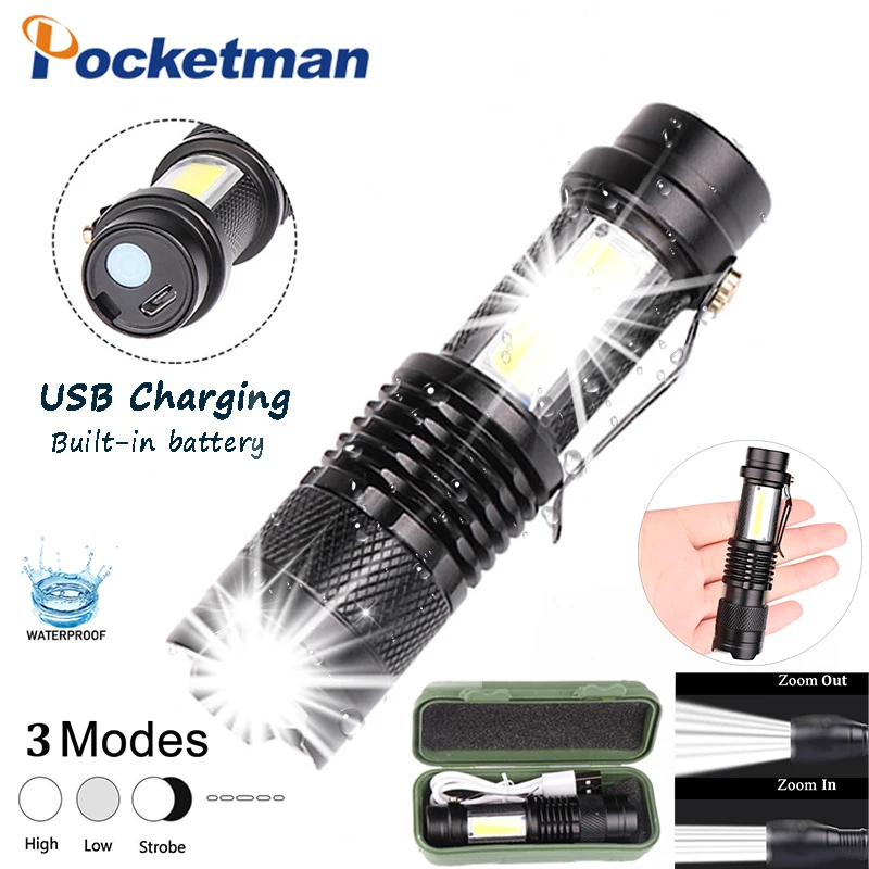 Mini USB rechargable flashlight 4200LM Q5+COB LED Flashlight Portable ZOOM flashlight Waterproof torch Built-in battery for Camp
Mini USB rechargable flashlight 4200LM Q5+COB LED Flashlight Portable ZOOM flashlight Waterproof torch Built-in battery for Camp
