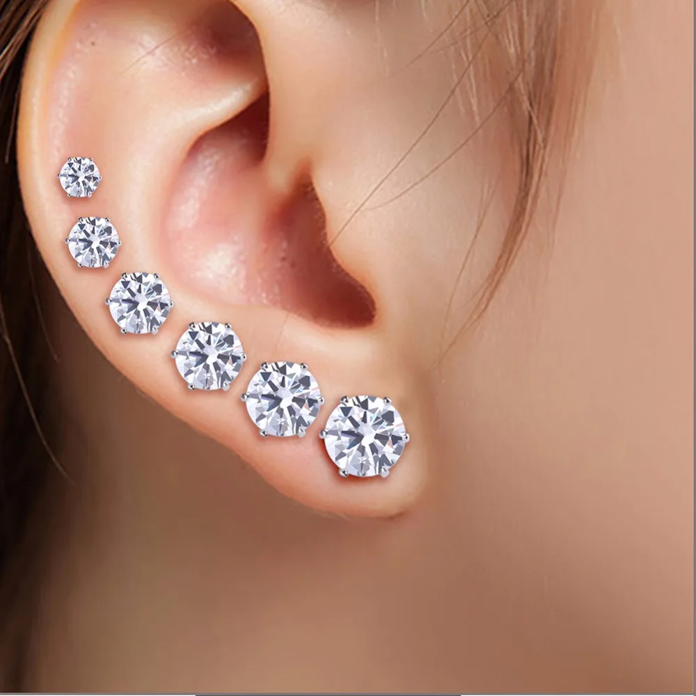 Image 6 Pair lot Luxury AAA Cubic Zirconia Earrings For Men Women Stainless Steel Round Black White Zircon Stud Earrings Jewelry