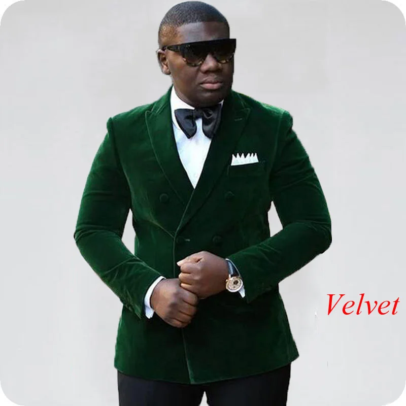 

Smoking Jacket Green Velvet Men Suits Shawl Lapel Slim Groom Tuxedos Double Breasted Blazer Tailored Best Man Suit 2Piece Ternos