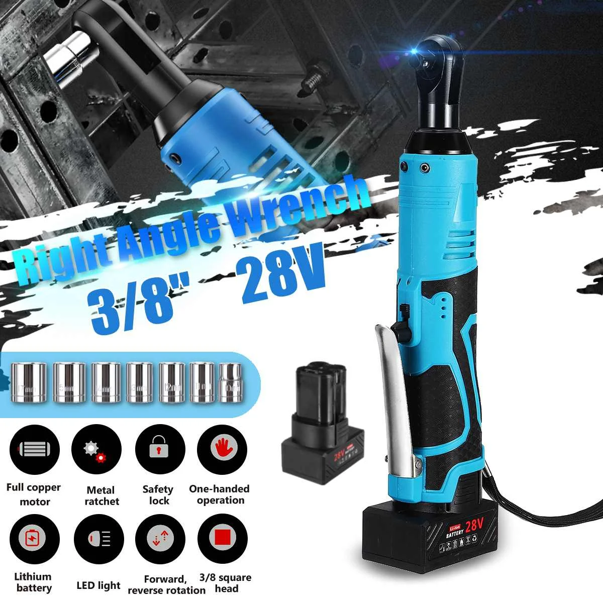 Cordless 3/8'' Electric 28V 60N.m Rechargeable Ratchet 90 Degree Right Angle Wrench Set Portable Power Tool wrench Quick Charger
Cordless 3/8'' Electric 28V 60N.m Rechargeable Ratchet 90 Degree Right Angle Wrench Set Portable Power Tool wrench Quick Charger