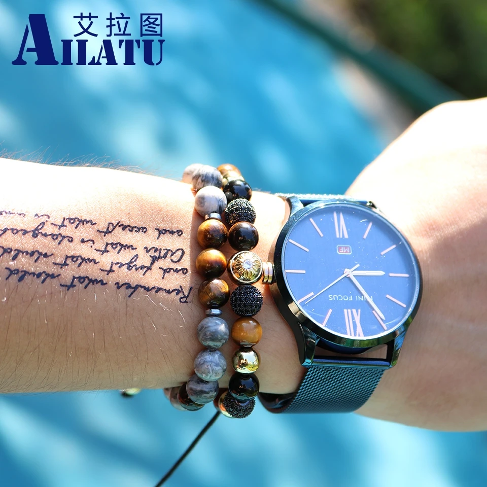 Ailatu Micro Paved Cubic Zirconia Copper Bead Bracelet 8mm Black Onyx and Tiger Eye Braiding Jewelry
Ailatu Micro Paved Cubic Zirconia Copper Bead Bracelet 8mm Black Onyx and Tiger Eye Braiding Jewelry