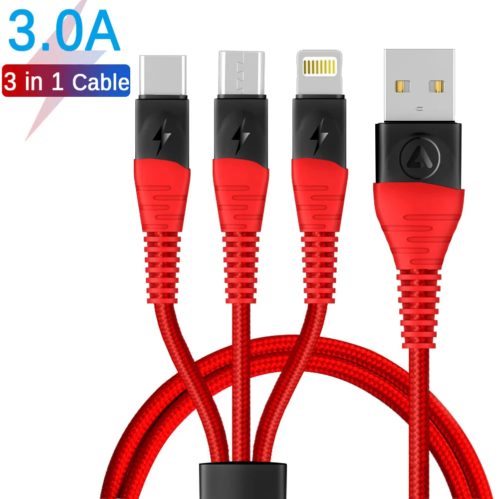 3A Hi-Tensile 3 in 1 USB Cable For Lighting Micro Type C For iPhone X XS MAX XR 8 Xiaomi Samsung S9 S8 Fast Charge 120CM Cable
3A Hi-Tensile 3 in 1 USB Cable For Lighting Micro Type C For iPhone X XS MAX XR 8 Xiaomi Samsung S9 S8 Fast Charge 120CM Cable