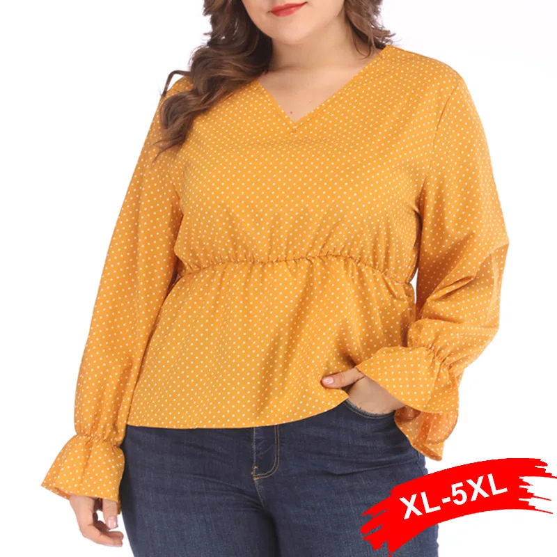 

Plus Size Sweet Ruffles Hem Polka Dot Print Peplum Blouse Shirts 3XL 4XL Long Sleeve Hollow Out Keyhole Back Yellow Tops Blusa